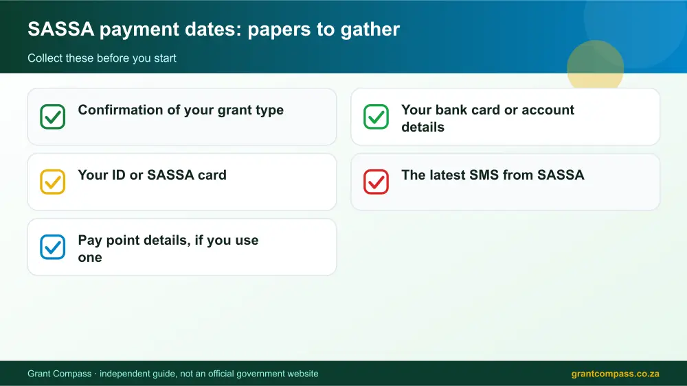 SASSA payment dates required papers tick list infographic – sassa payment dates South Africa 2026