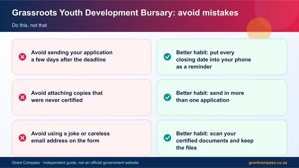 Grassroots Youth Development Bursary mistakes to avoid and tips infographic – grassroots youth development bursary South Africa 2026