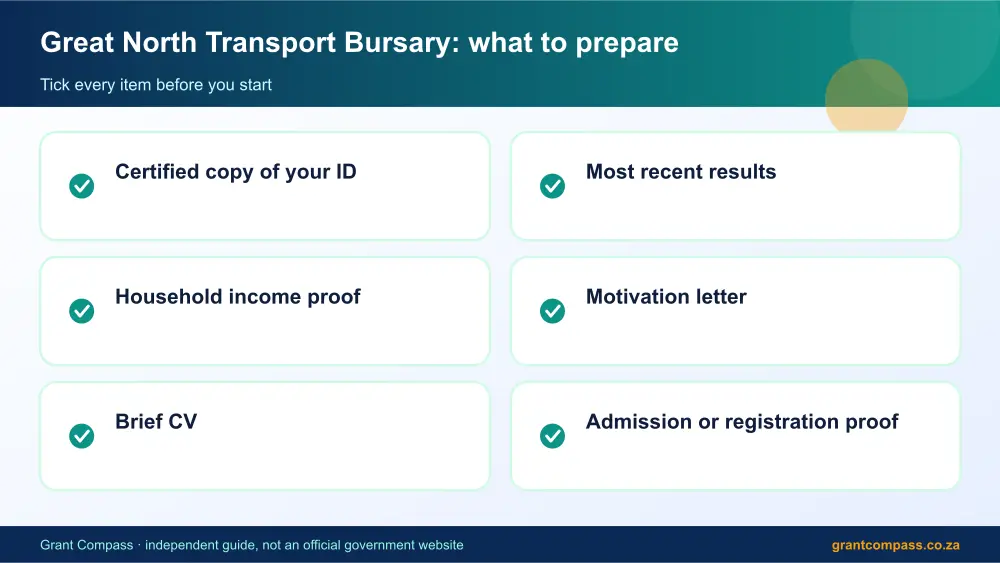 Great North Transport Bursary documents checklist infographic – great north transport bursary South Africa 2026