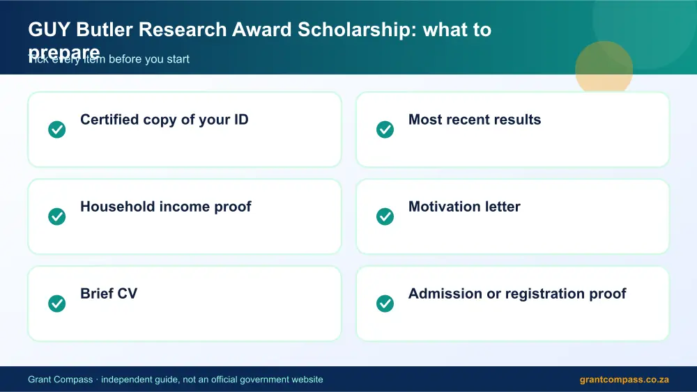 GUY Butler Research Award Scholarship documents checklist infographic – guy butler research award scholarship South Africa 2026