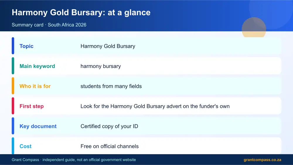Harmony Gold Bursary at a glance summary infographic – harmony bursary South Africa 2026