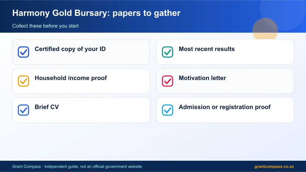 Harmony Gold Bursary required papers tick list infographic – harmony bursary South Africa 2026