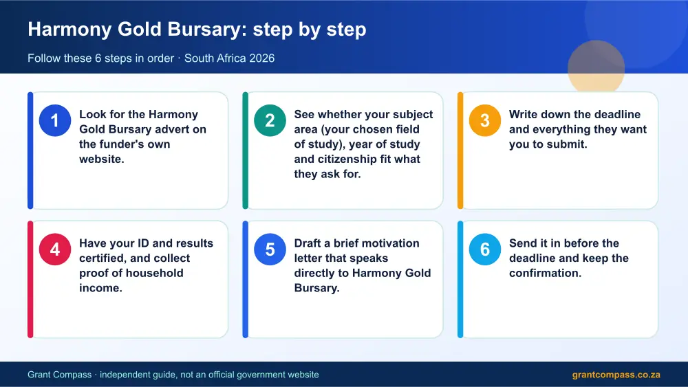 Harmony Gold Bursary step by step guide infographic – harmony bursary South Africa 2026
