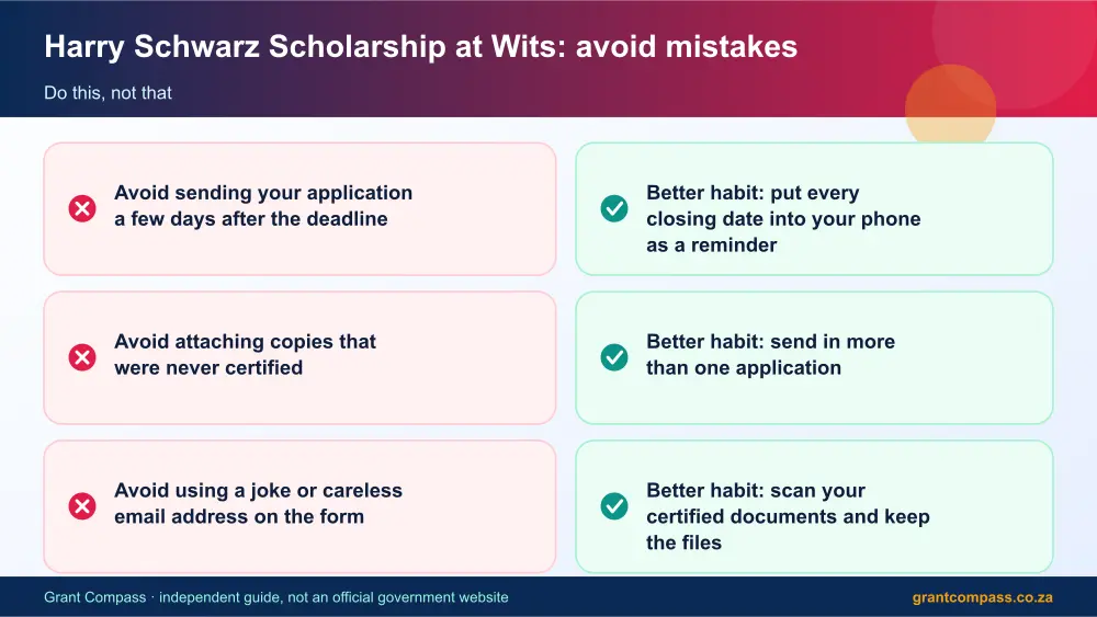 Harry Schwarz Scholarship at Wits mistakes to avoid and tips infographic – harry schwarz scholarship at wits South Africa 2026
