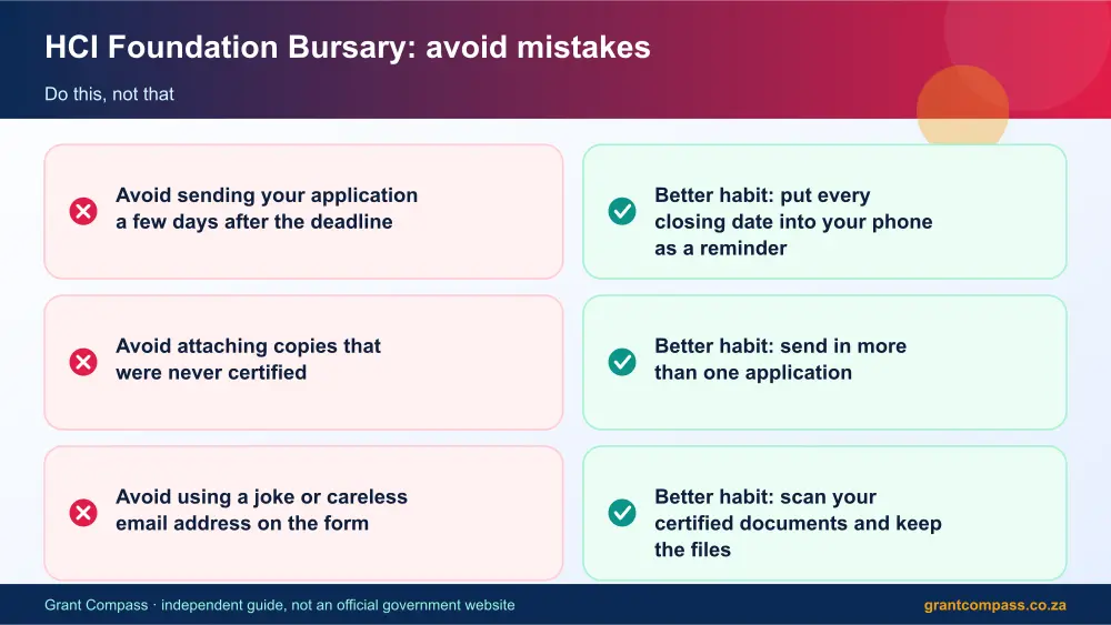 HCI Foundation Bursary mistakes to avoid and tips infographic – hci foundation bursary South Africa 2026