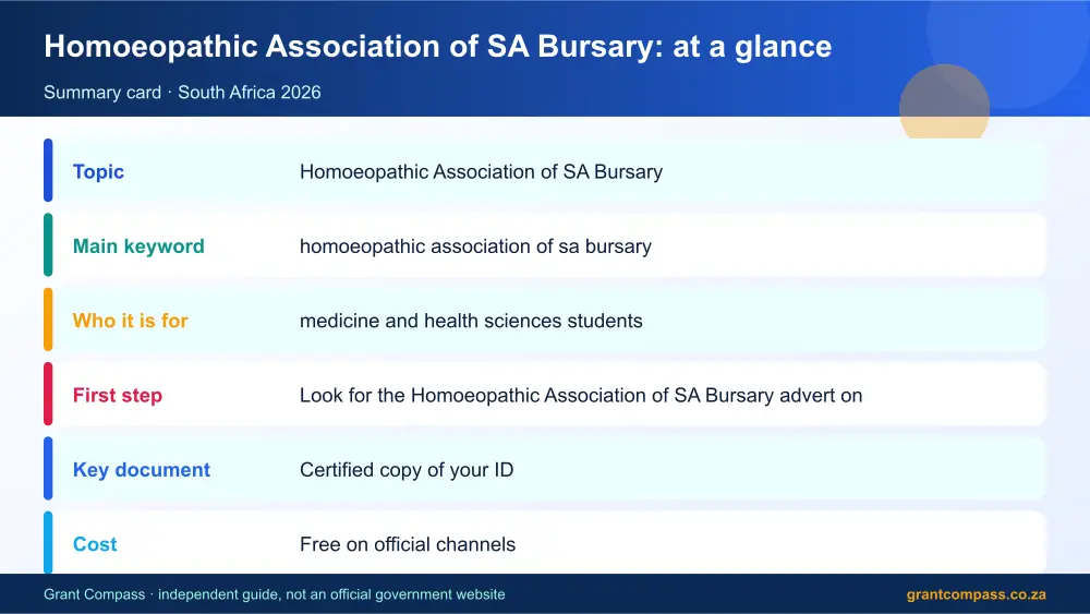 Homoeopathic Association of SA Bursary at a glance summary infographic – homoeopathic association of sa bursary South Africa 2026