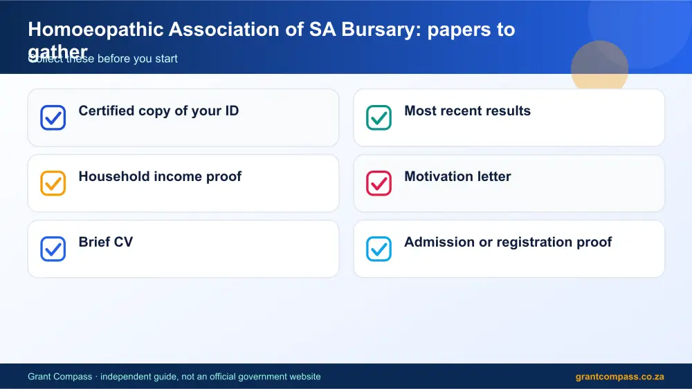Homoeopathic Association of SA Bursary required papers tick list infographic – homoeopathic association of sa bursary South Africa 2026