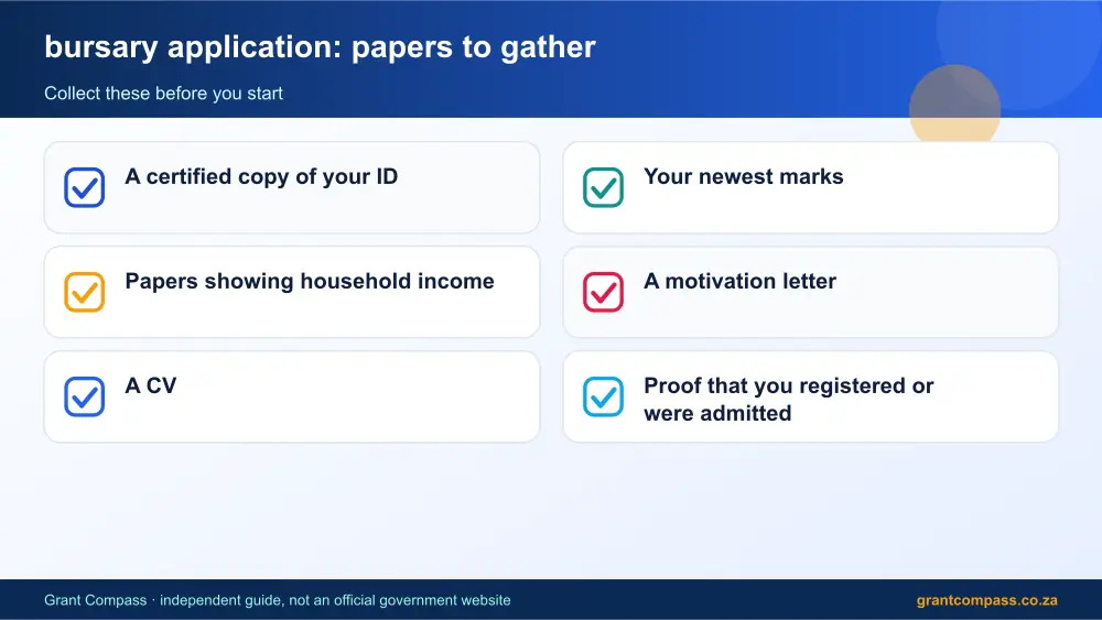bursary application required papers tick list infographic – how to apply for a bursary South Africa 2026