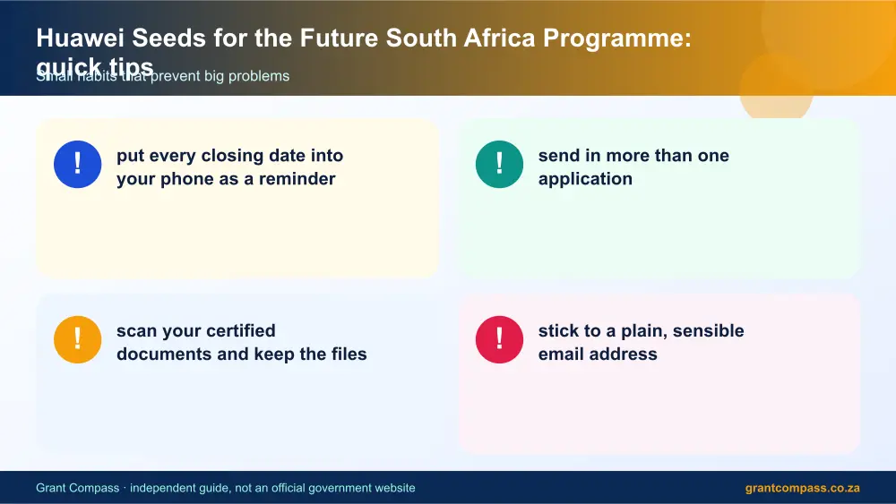 Huawei Seeds for the Future South Africa Programme quick tips cards infographic – huawei seeds for the future programme scholarship South Africa 2026