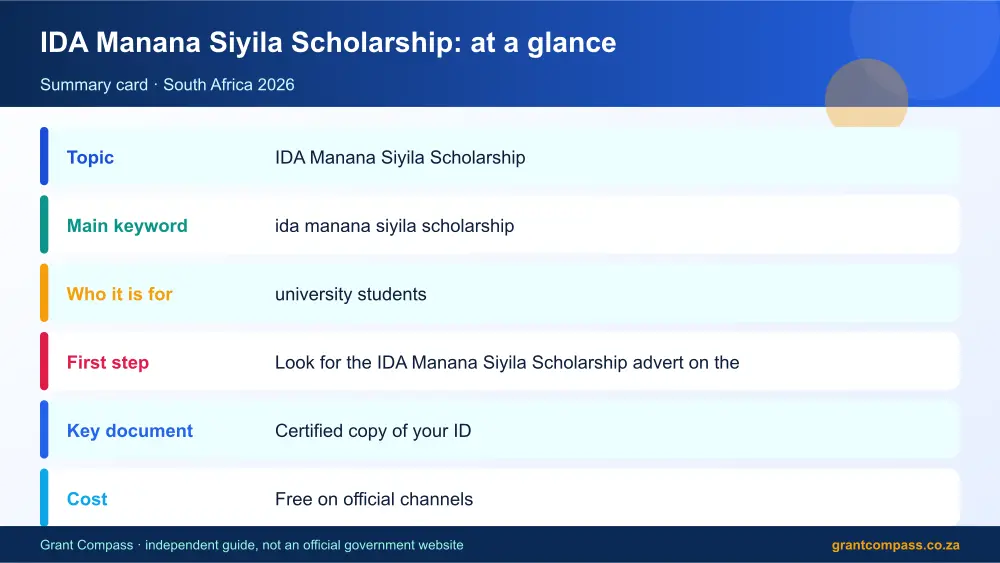 IDA Manana Siyila Scholarship at a glance summary infographic – ida manana siyila scholarship South Africa 2026