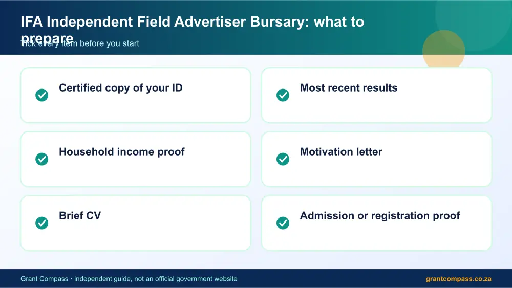 IFA Independent Field Advertiser Bursary documents checklist infographic – ifa independent field advertiser bursary South Africa 2026