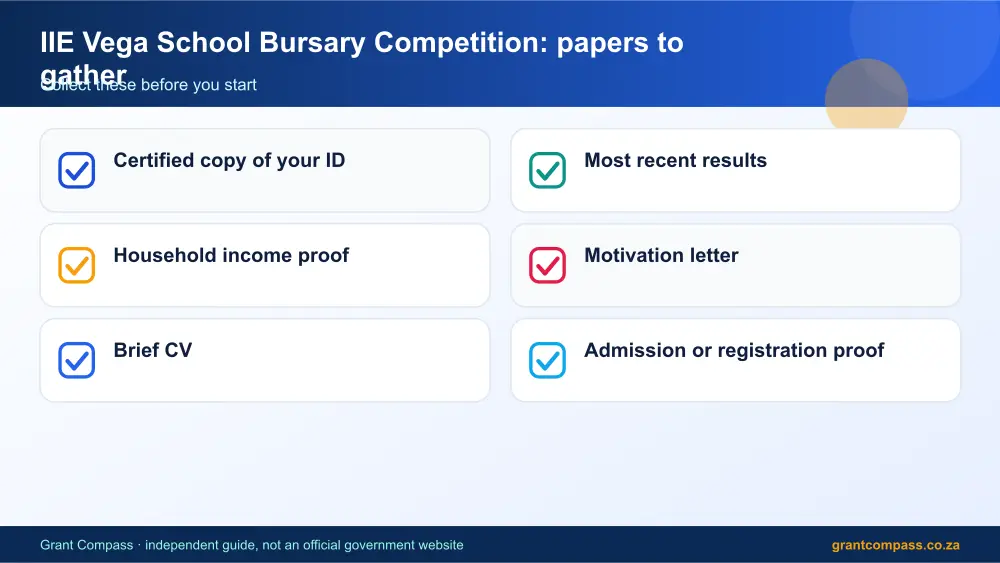 IIE Vega School Bursary Competition required papers tick list infographic – iie vega school bursary competition scholarship South Africa 2026