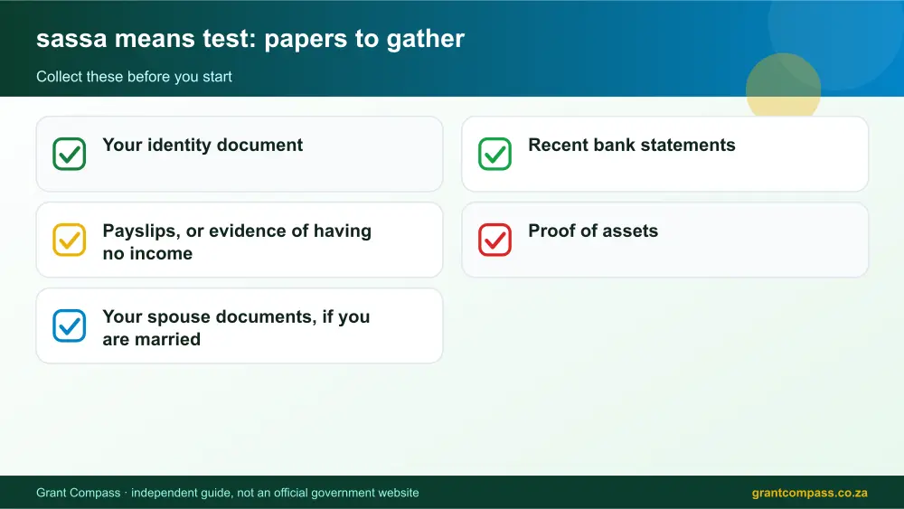sassa means test required papers tick list infographic – sassa means test South Africa 2026