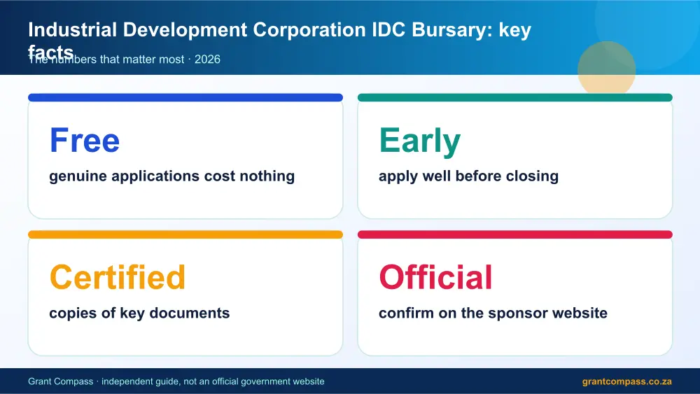 Industrial Development Corporation IDC Bursary key facts at a glance infographic – idc bursary South Africa 2026