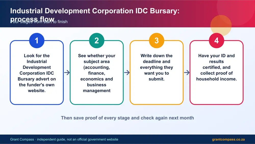 Industrial Development Corporation IDC Bursary process flow chart infographic – idc bursary South Africa 2026