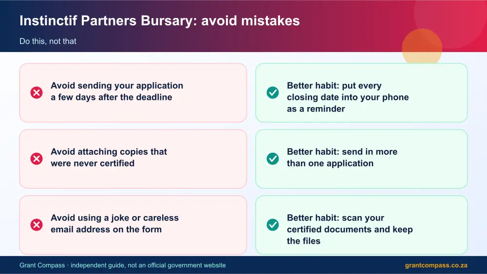 Instinctif Partners Bursary mistakes to avoid and tips infographic – instinctif partners bursary South Africa 2026