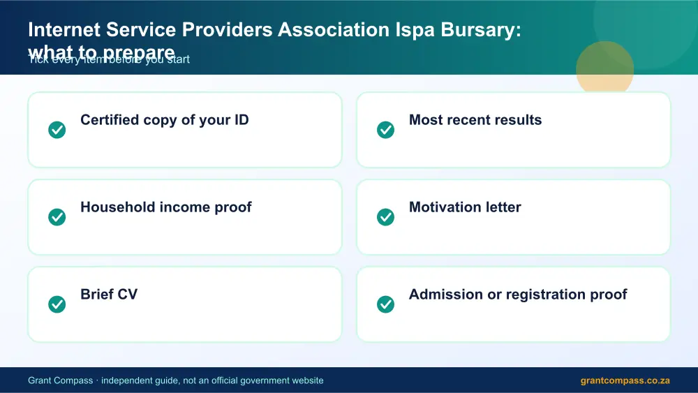 Internet Service Providers Association Ispa Bursary documents checklist infographic – internet service providers association ispa bursary South Africa 2026
