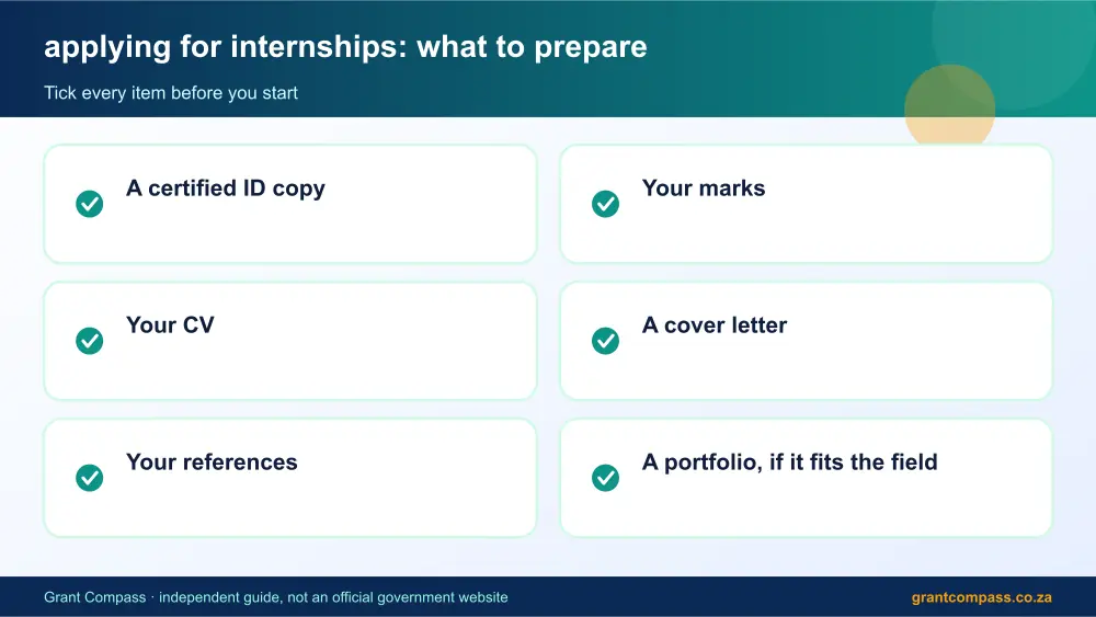 applying for internships documents checklist infographic – applying for internships South Africa 2026