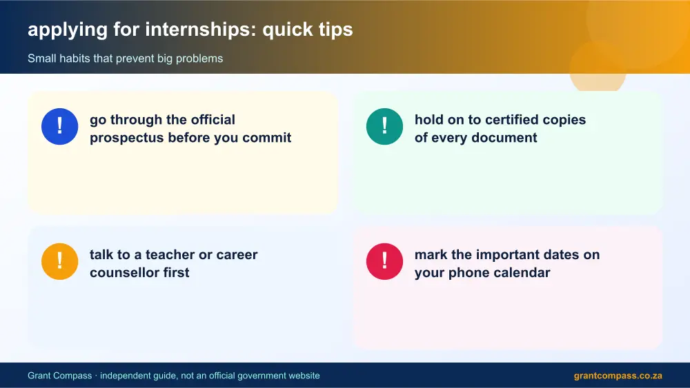 applying for internships quick tips cards infographic – applying for internships South Africa 2026