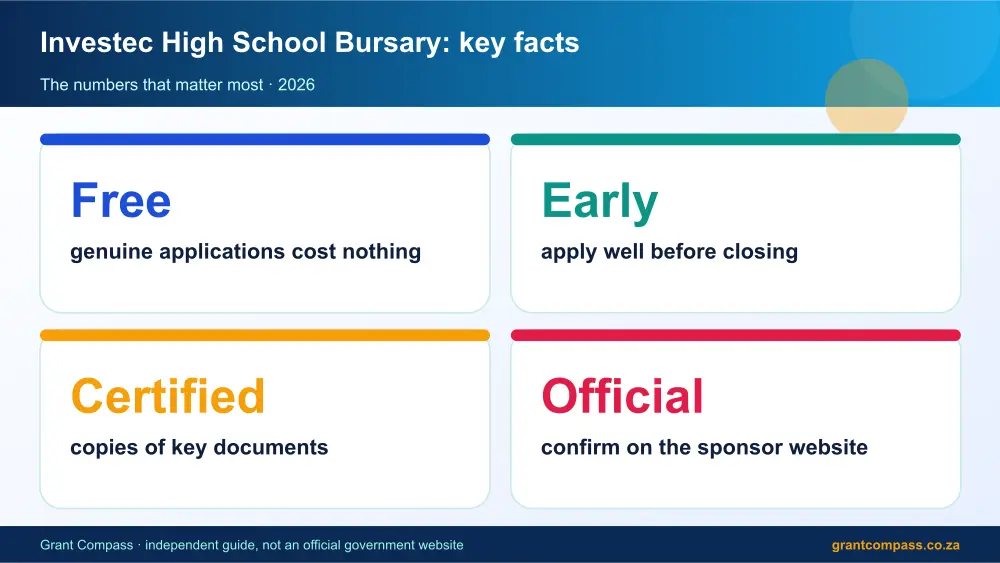 Investec High School Bursary key facts at a glance infographic – investec high school bursary South Africa 2026