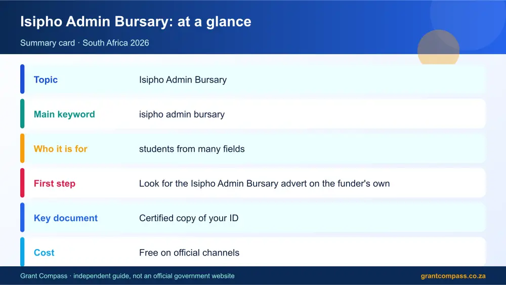 Isipho Admin Bursary at a glance summary infographic – isipho admin bursary South Africa 2026