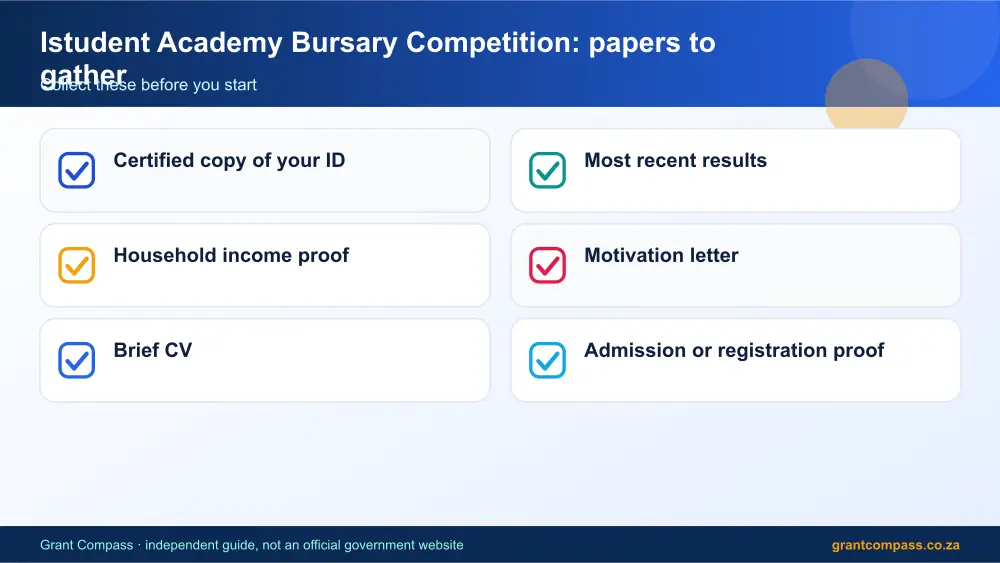 Istudent Academy Bursary Competition required papers tick list infographic – istudent academy bursary competition South Africa 2026