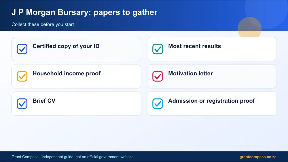 J P Morgan Bursary required papers tick list infographic – j p morgan bursary South Africa 2026