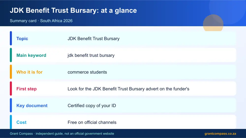 JDK Benefit Trust Bursary at a glance summary infographic – jdk benefit trust bursary South Africa 2026