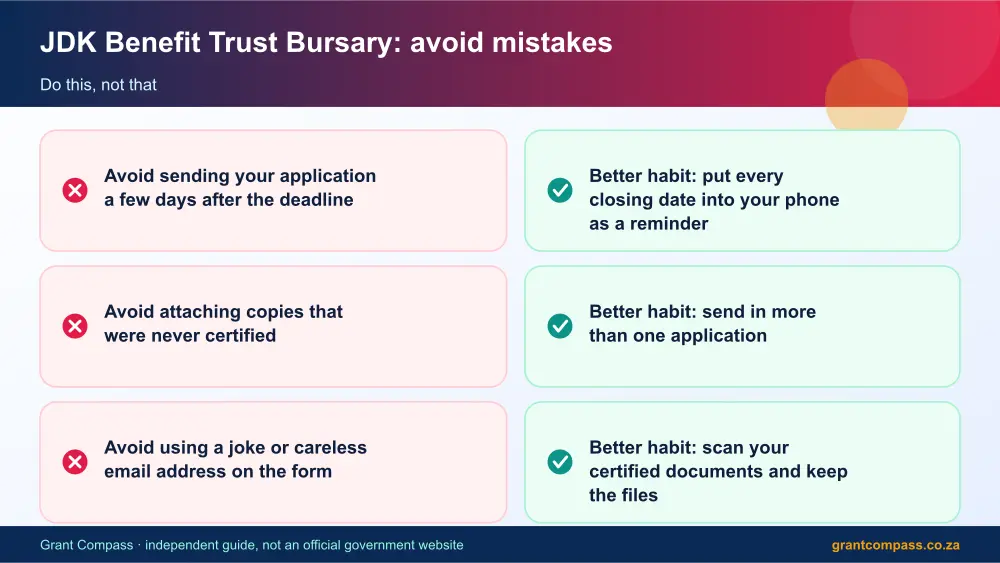 JDK Benefit Trust Bursary mistakes to avoid and tips infographic – jdk benefit trust bursary South Africa 2026