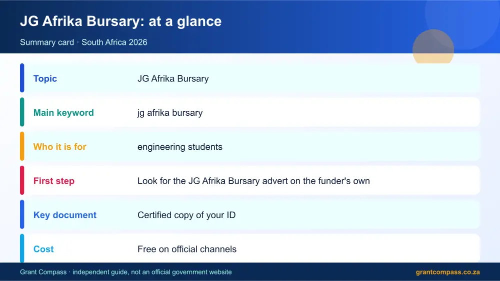 JG Afrika Bursary at a glance summary infographic – jg afrika bursary South Africa 2026