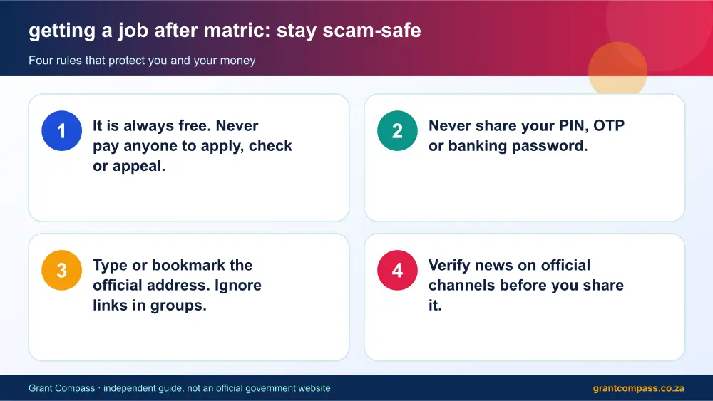 getting a job after matric stay safe from scams infographic – getting a job after matric South Africa 2026