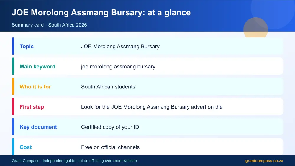JOE Morolong Assmang Bursary at a glance summary infographic – joe morolong assmang bursary South Africa 2026