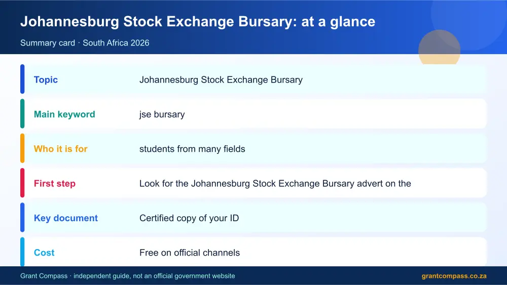 Johannesburg Stock Exchange Bursary at a glance summary infographic – jse bursary South Africa 2026