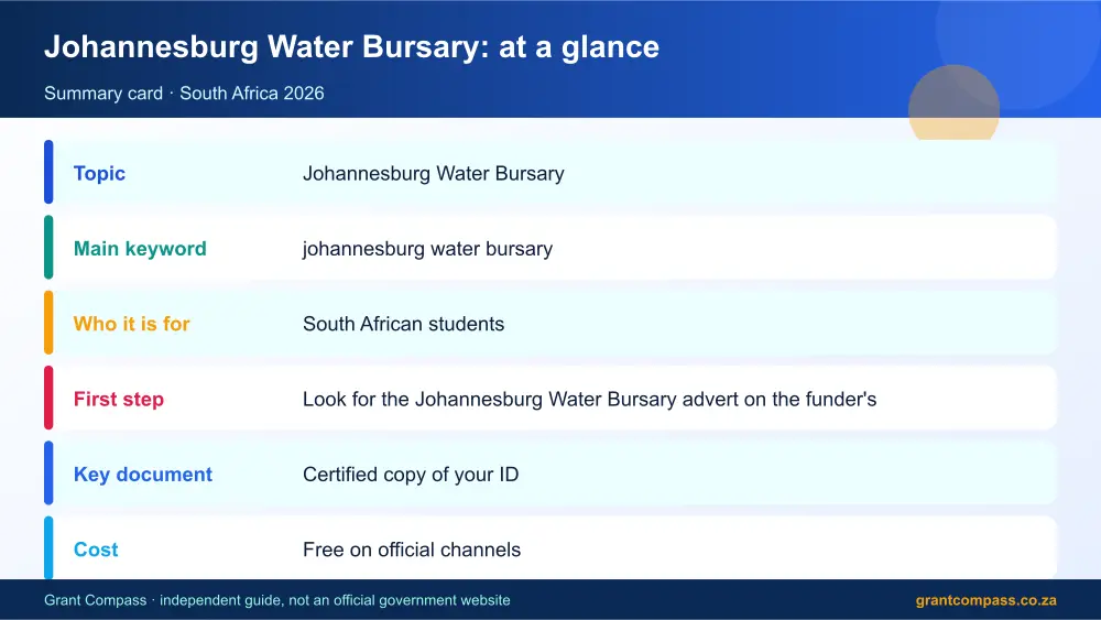 Johannesburg Water Bursary at a glance summary infographic – johannesburg water bursary South Africa 2026