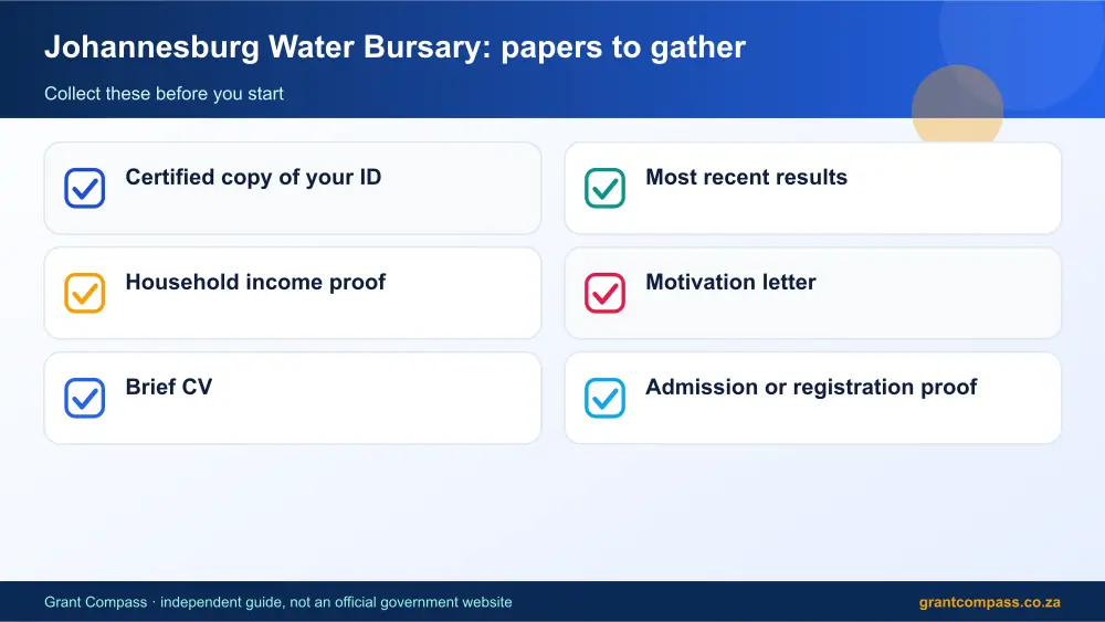 Johannesburg Water Bursary required papers tick list infographic – johannesburg water bursary South Africa 2026