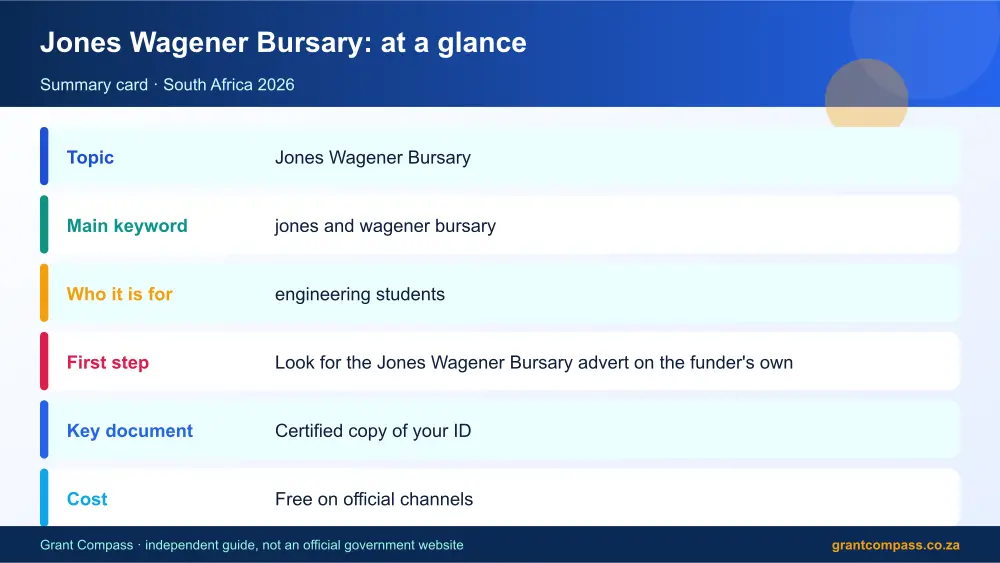 Jones Wagener Bursary at a glance summary infographic – jones and wagener bursary South Africa 2026