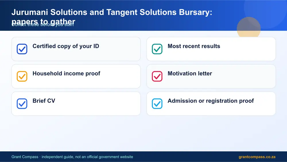 Jurumani Solutions and Tangent Solutions Bursary required papers tick list infographic – jurumani solutions and tangent solutions bursary South Africa 2026