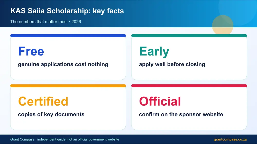 KAS Saiia Scholarship key facts at a glance infographic – kas saiia scholarship bursary South Africa 2026