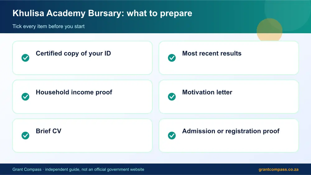 Khulisa Academy Bursary documents checklist infographic – khulisa academy bursary South Africa 2026