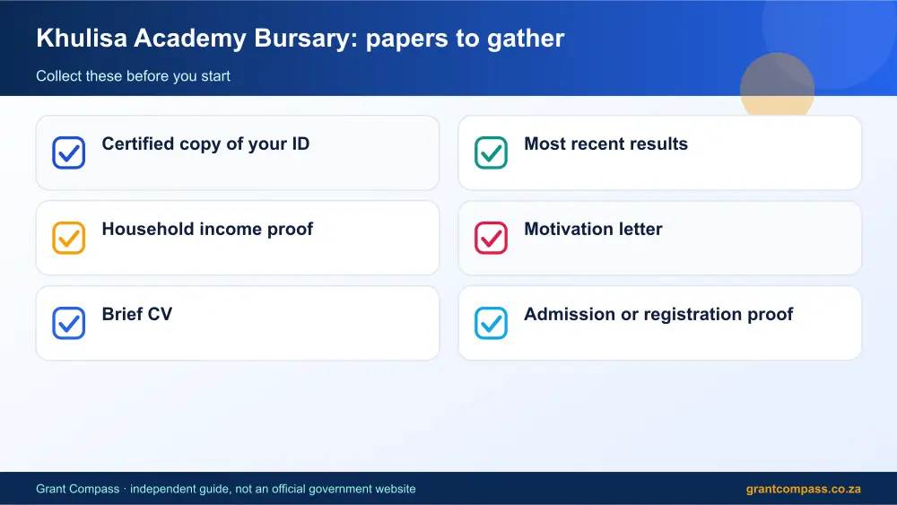 Khulisa Academy Bursary required papers tick list infographic – khulisa academy bursary South Africa 2026