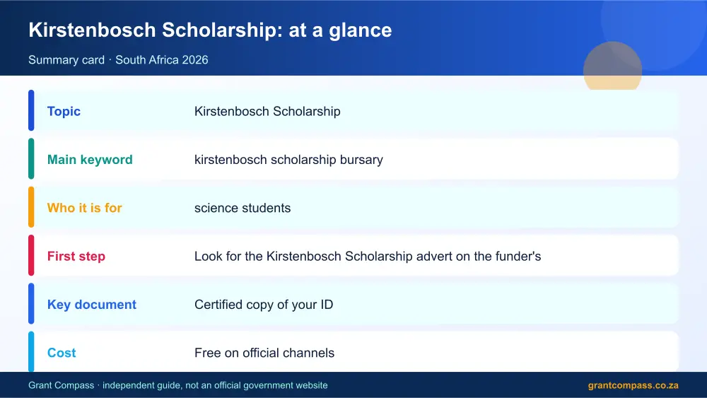 Kirstenbosch Scholarship at a glance summary infographic – kirstenbosch scholarship bursary South Africa 2026