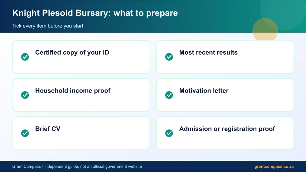 Knight Piesold Bursary documents checklist infographic – knight piesold bursary South Africa 2026