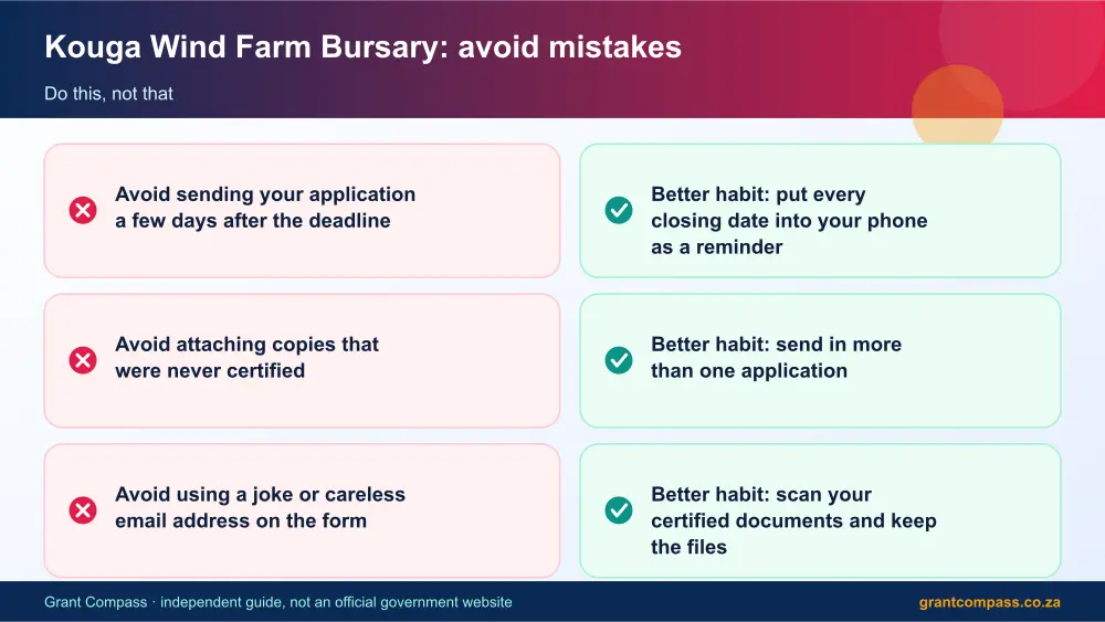 Kouga Wind Farm Bursary mistakes to avoid and tips infographic – kouga wind farm bursary South Africa 2026