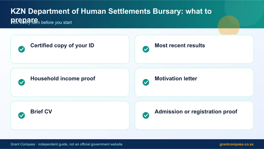 KZN Department of Human Settlements Bursary documents checklist infographic – kzn department of human settlements bursary South Africa 2026