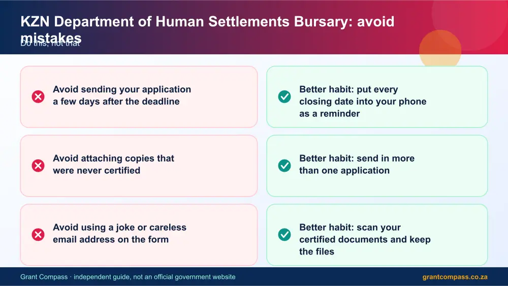 KZN Department of Human Settlements Bursary mistakes to avoid and tips infographic – kzn department of human settlements bursary South Africa 2026