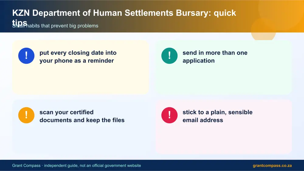 KZN Department of Human Settlements Bursary quick tips cards infographic – kzn department of human settlements bursary South Africa 2026