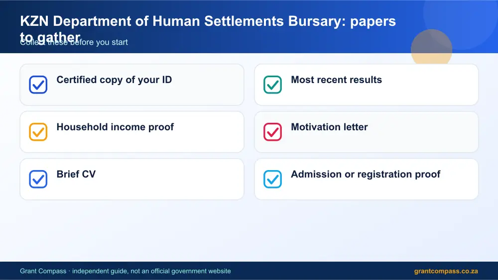 KZN Department of Human Settlements Bursary required papers tick list infographic – kzn department of human settlements bursary South Africa 2026