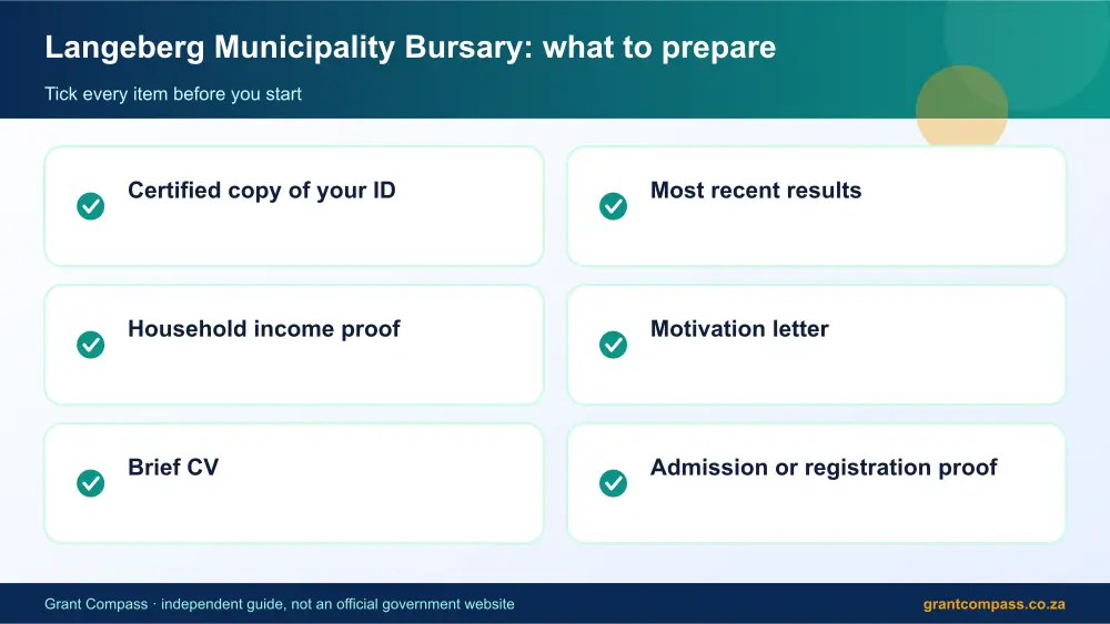 Langeberg Municipality Bursary documents checklist infographic – langeberg municipality bursary South Africa 2026