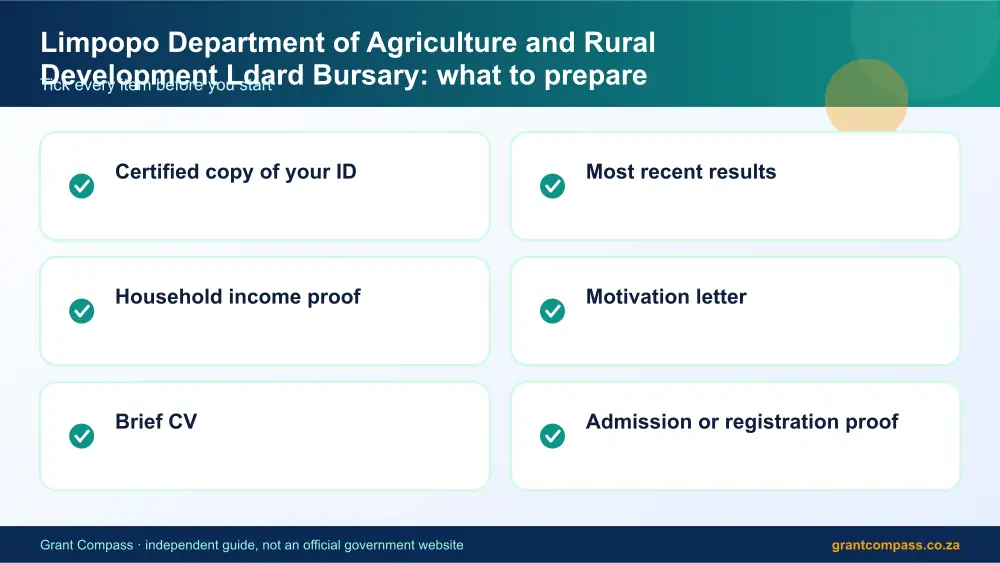 Limpopo Department of Agriculture and Rural Development Ldard Bursary documents checklist infographic – limpopo department of agriculture and rural development ldard bursary South Africa 2026