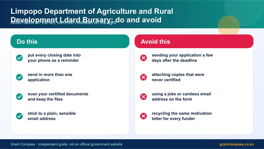 Limpopo Department of Agriculture and Rural Development Ldard Bursary dos and donts infographic – limpopo department of agriculture and rural development ldard bursary South Africa 2026